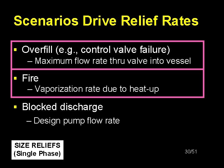 Scenarios Drive Relief Rates § Overfill (e. g. , control valve failure) – Maximum
