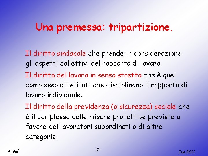 Una premessa: tripartizione. Il diritto sindacale che prende in considerazione gli aspetti collettivi del