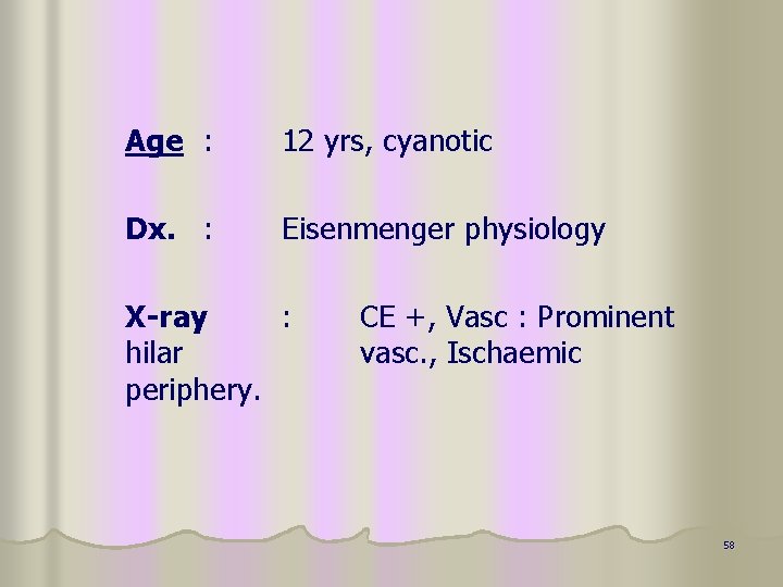 Age : 12 yrs, cyanotic Dx. : Eisenmenger physiology X-ray : hilar periphery. CE