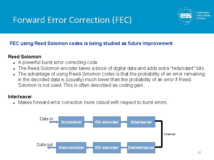 Forward Error Correction (FEC) FEC using Reed Solomon codes is being studied as future