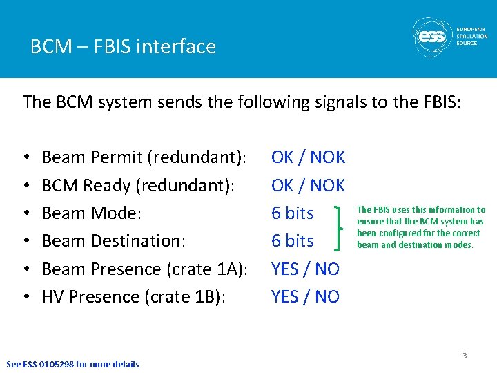 BCM – FBIS interface The BCM system sends the following signals to the FBIS: