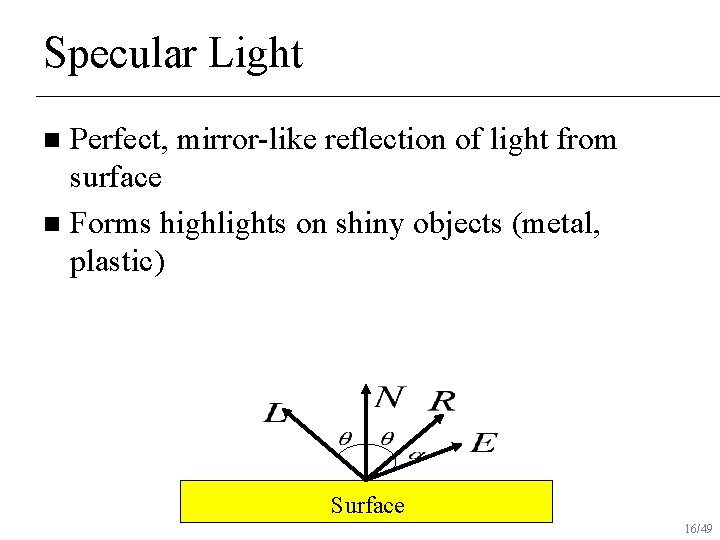 Specular Light Perfect, mirror-like reflection of light from surface n Forms highlights on shiny