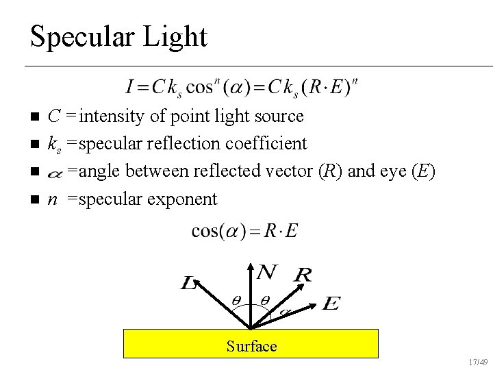 Specular Light n n C = intensity of point light source ks =specular reflection