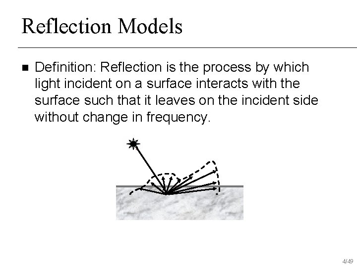 Reflection Models n Definition: Reflection is the process by which light incident on a