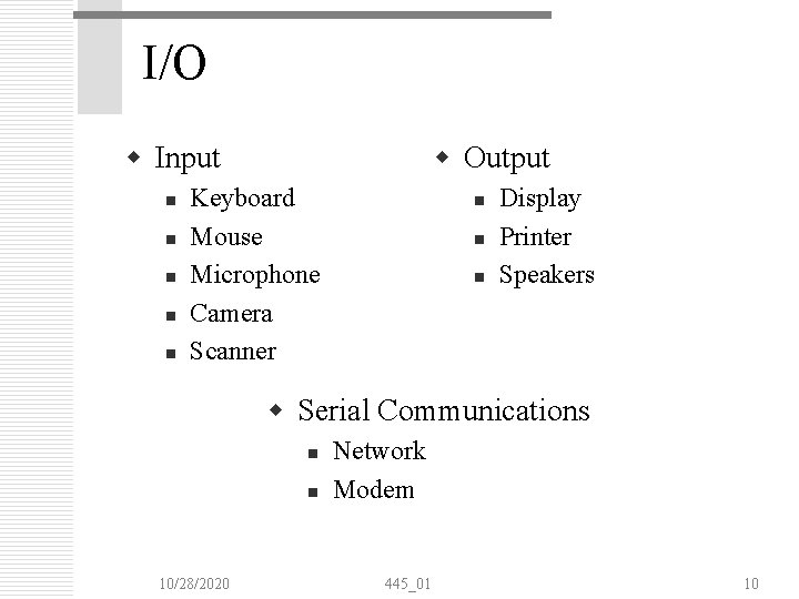 I/O w Input n n n w Output Keyboard Mouse Microphone Camera Scanner n I/O w Input n n n w Output Keyboard Mouse Microphone Camera Scanner n