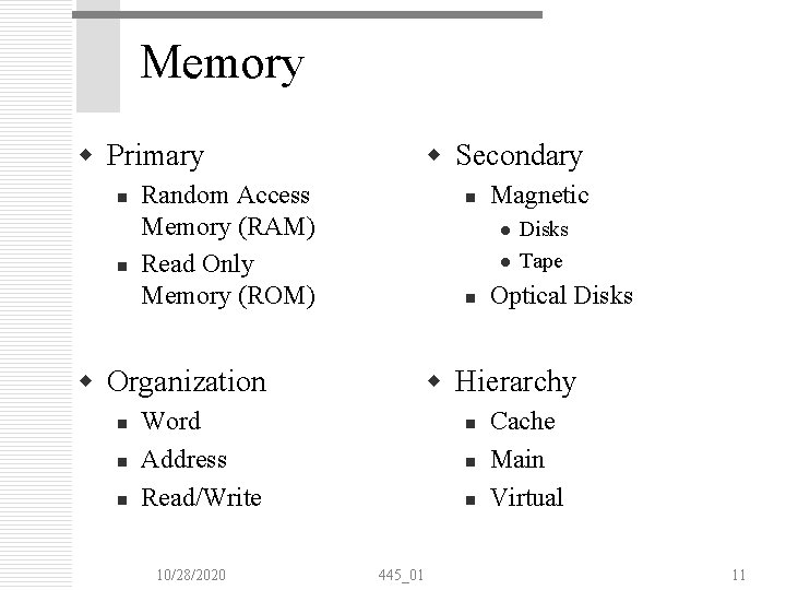 Memory w Primary n n w Secondary Random Access Memory (RAM) Read Only Memory Memory w Primary n n w Secondary Random Access Memory (RAM) Read Only Memory