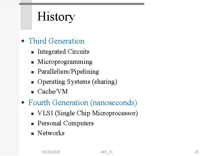 History w Third Generation n n Integrated Circuits Microprogramming Parallelism/Pipelining Operating Systems (sharing) Cache/VM History w Third Generation n n Integrated Circuits Microprogramming Parallelism/Pipelining Operating Systems (sharing) Cache/VM