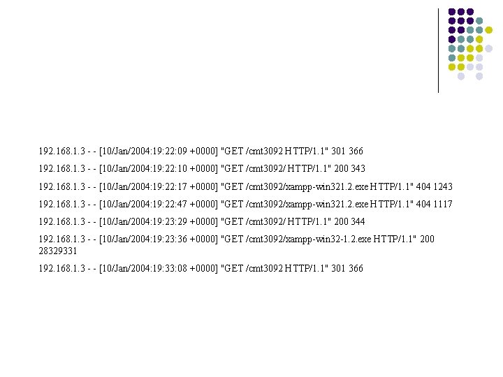 192. 168. 1. 3 - - [10/Jan/2004: 19: 22: 09 +0000] "GET /cmt 3092