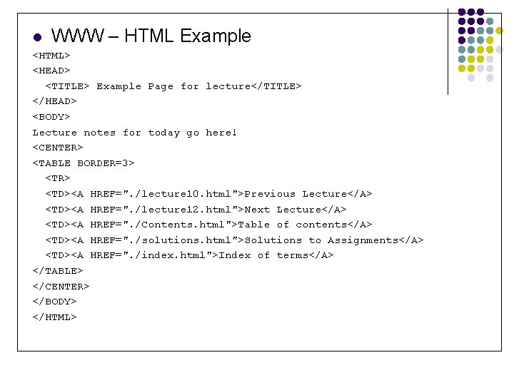 l WWW – HTML Example <HTML> <HEAD> <TITLE> Example Page for lecture</TITLE> </HEAD> <BODY>