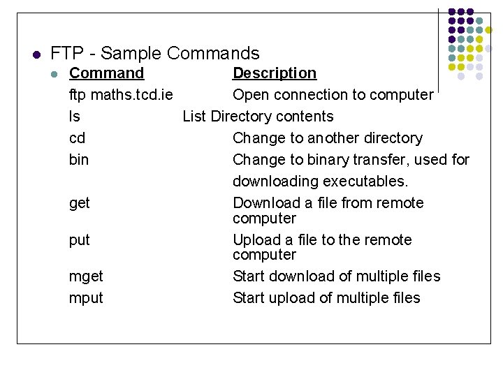 l FTP - Sample Commands l Command Description ftp maths. tcd. ie Open connection
