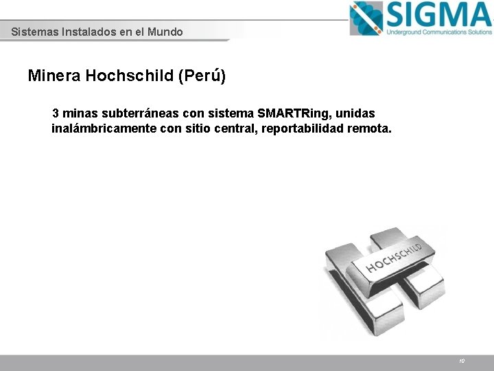 Sistemas Instalados en el Mundo Minera Hochschild (Perú) 3 minas subterráneas con sistema SMARTRing,