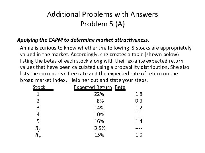 Additional Problems with Answers Problem 5 (A) Applying the CAPM to determine market attractiveness.