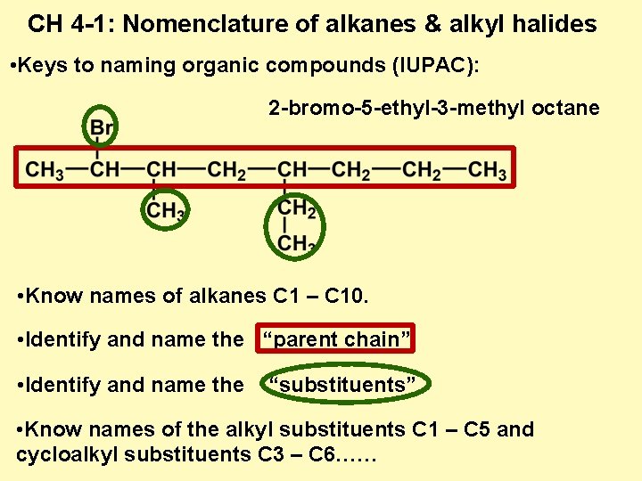 CH 4 -1: Nomenclature of alkanes & alkyl halides • Keys to naming organic