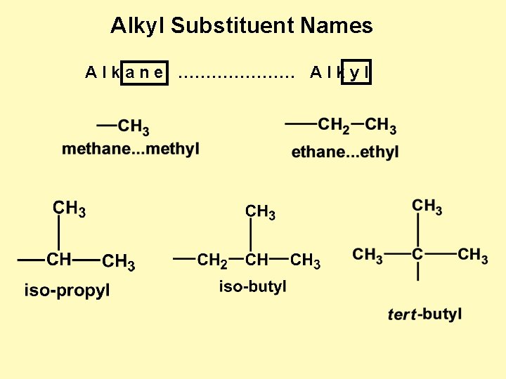 Alkyl Substituent Names A l k a n e ………………… A l k y