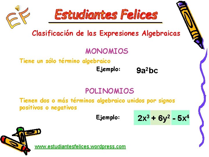 Clasificación de las Expresiones Algebraicas MONOMIOS Tiene un sólo término algebraico Ejemplo: 9 a