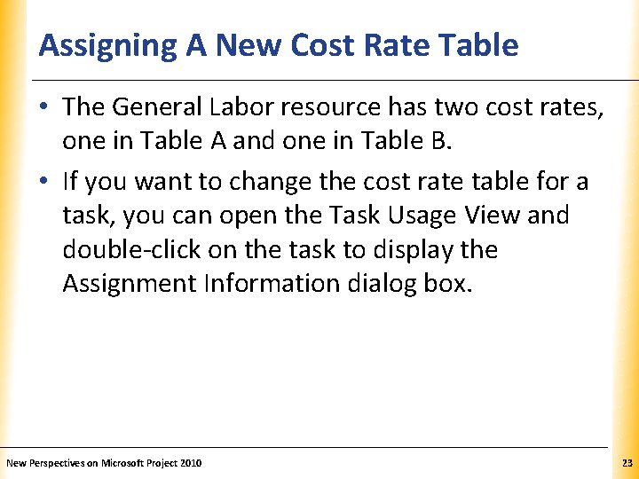 Assigning A New Cost Rate Table XP • The General Labor resource has two