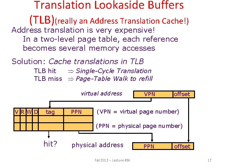 Translation Lookaside Buffers (TLB)(really an Address Translation Cache!) Address translation is very expensive! In