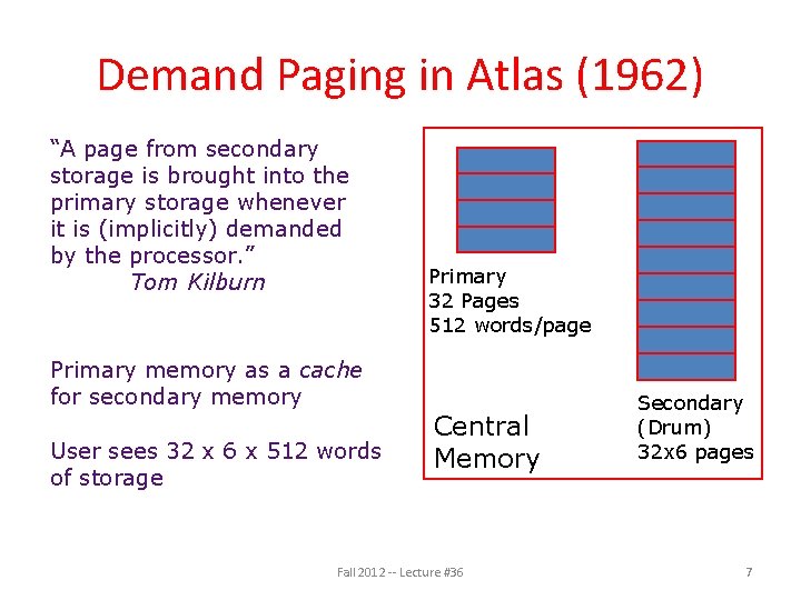 Demand Paging in Atlas (1962) “A page from secondary storage is brought into the