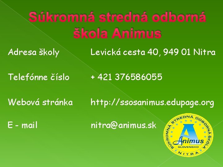 Súkromná stredná odborná škola Animus Adresa školy Levická cesta 40, 949 01 Nitra Telefónne