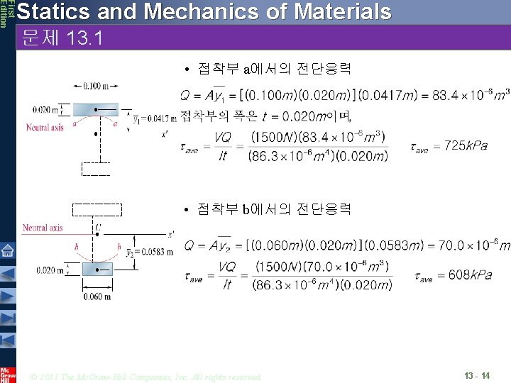 First Edition Statics and Mechanics of Materials 문제 13. 1 • 접착부 a에서의 전단응력