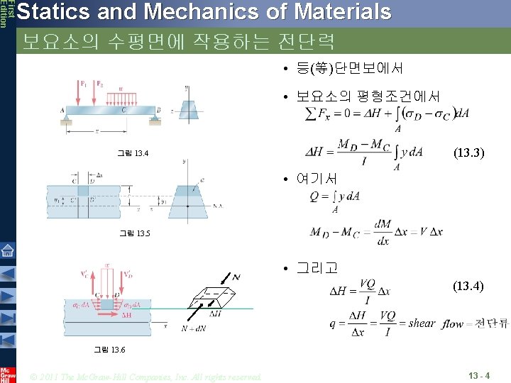 First Edition Statics and Mechanics of Materials 보요소의 수평면에 작용하는 전단력 • 등(等)단면보에서 •