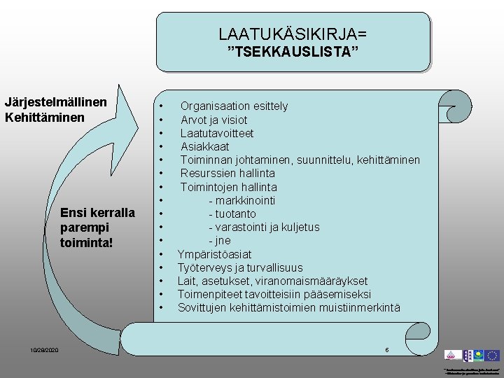 LAATUKÄSIKIRJA= ”TSEKKAUSLISTA” Järjestelmällinen Kehittäminen Ensi kerralla parempi toiminta! 10/28/2020 • • • • Organisaation