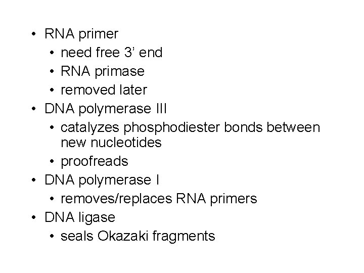  • RNA primer • need free 3’ end • RNA primase • removed