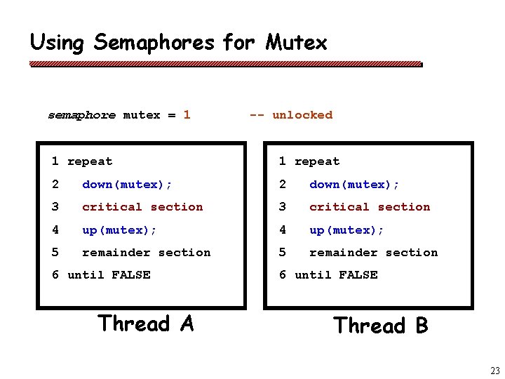 Using Semaphores for Mutex semaphore mutex = 1 -- unlocked 1 repeat 2 down(mutex);