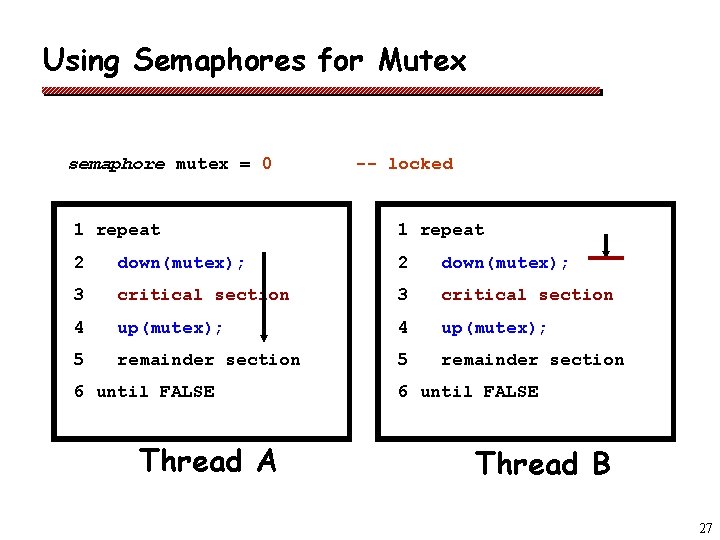 Using Semaphores for Mutex semaphore mutex = 0 -- locked 1 repeat 2 down(mutex);