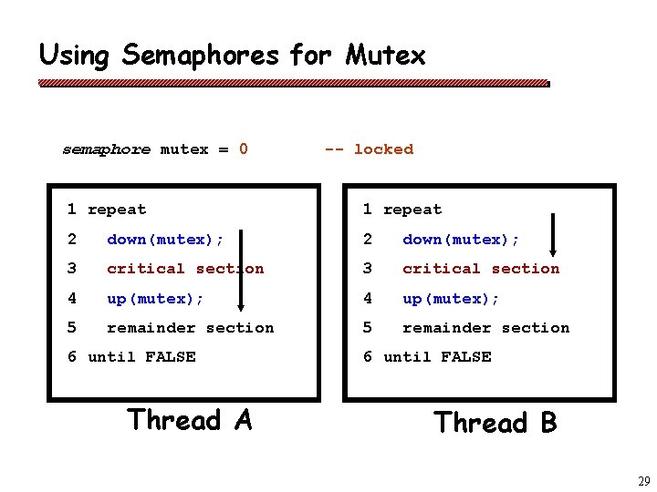 Using Semaphores for Mutex semaphore mutex = 0 -- locked 1 repeat 2 down(mutex);