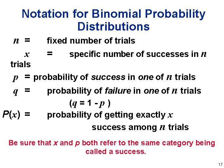 Notation for Binomial Probability Distributions n = x fixed number of trials = specific Notation for Binomial Probability Distributions n = x fixed number of trials = specific