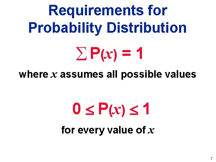 Requirements for Probability Distribution P(x) = 1 where x assumes all possible values 0 Requirements for Probability Distribution P(x) = 1 where x assumes all possible values 0