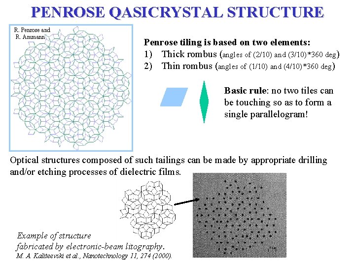 PENROSE QASICRYSTAL STRUCTURE R. Penrose and R. Ammann Penrose tiling is based on two