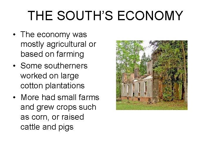 THE SOUTH’S ECONOMY • The economy was mostly agricultural or based on farming •