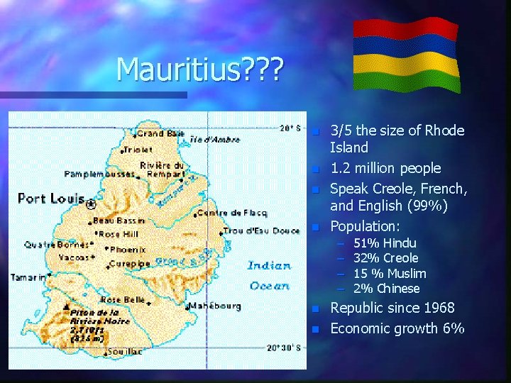 Mauritius? ? ? n n 3/5 the size of Rhode Island 1. 2 million