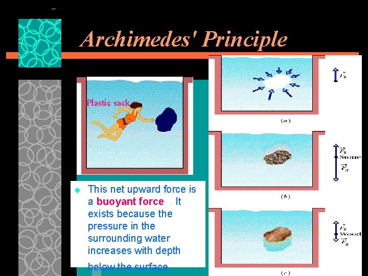 Archimedes' Principle Plastic sack u This net upward force is a buoyant force. It