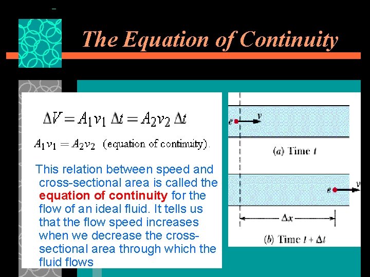 The Equation of Continuity This relation between speed and cross-sectional area is called the