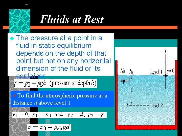 Fluids at Rest u The pressure at a point in a fluid in static