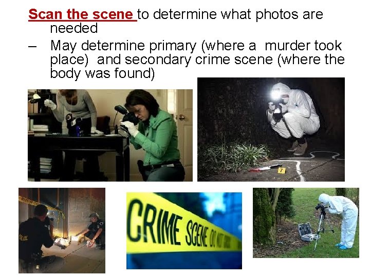 Scan the scene to determine what photos are needed – May determine primary (where