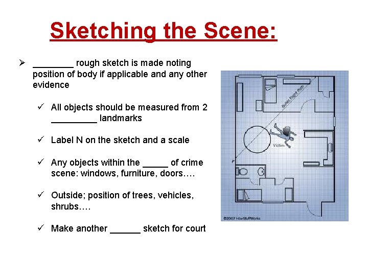 Sketching the Scene: Ø ____ rough sketch is made noting position of body if