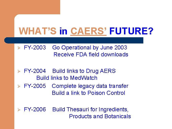 WHAT’S in CAERS’ FUTURE? Ø FY-2003 Ø FY-2004 Build links to Drug AERS Build