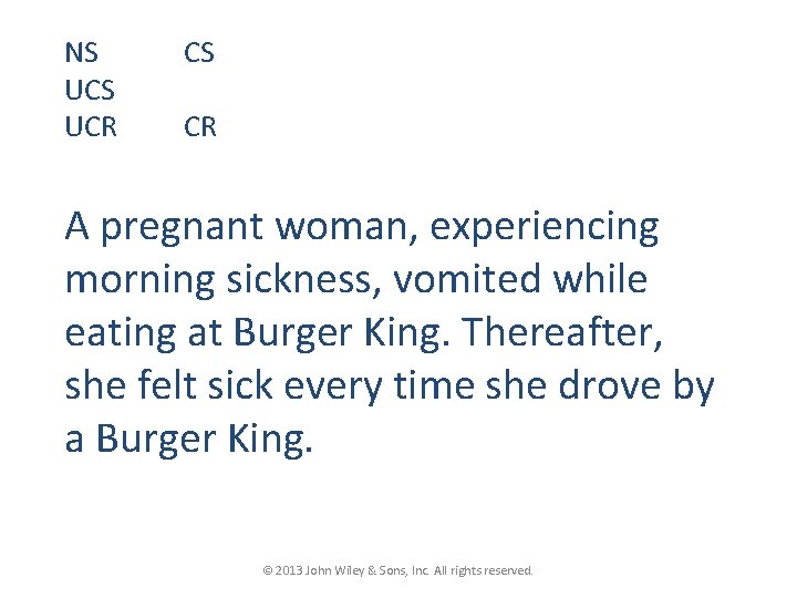 NS UCR CS CR A pregnant woman, experiencing morning sickness, vomited while eating at