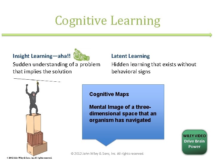Cognitive Learning Insight Learning—aha!! Sudden understanding of a problem that implies the solution Latent Cognitive Learning Insight Learning—aha!! Sudden understanding of a problem that implies the solution Latent