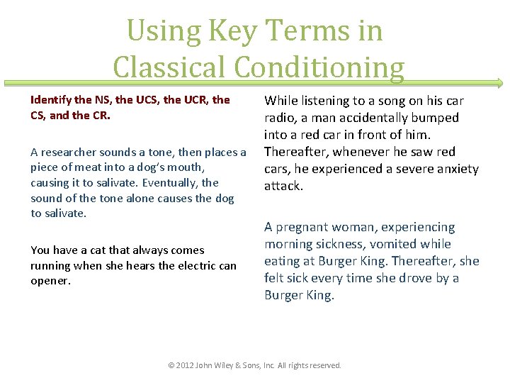 Using Key Terms in Classical Conditioning Identify the NS, the UCR, the CS, and