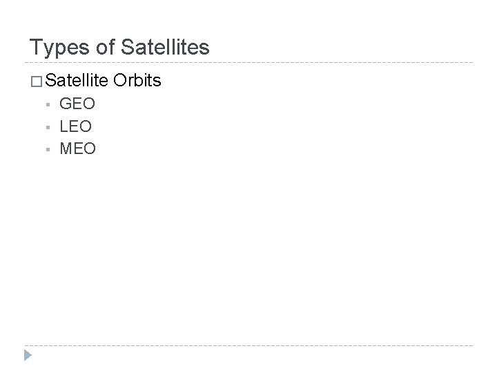 Types of Satellites � Satellite § § § GEO LEO MEO Orbits Types of Satellites � Satellite § § § GEO LEO MEO Orbits