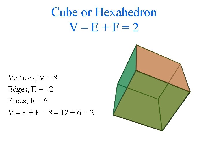 Cube or Hexahedron V–E+F=2 Vertices, V = 8 Edges, E = 12 Faces, F