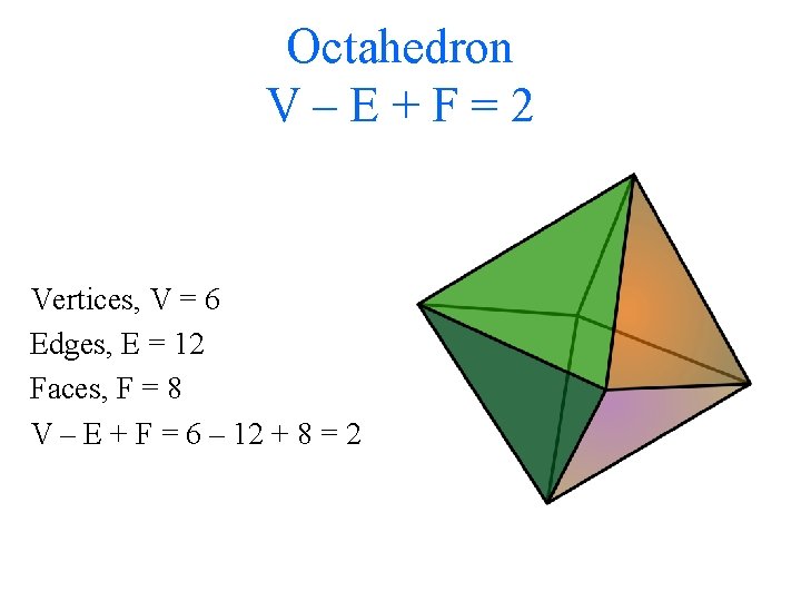 Octahedron V–E+F=2 Vertices, V = 6 Edges, E = 12 Faces, F = 8