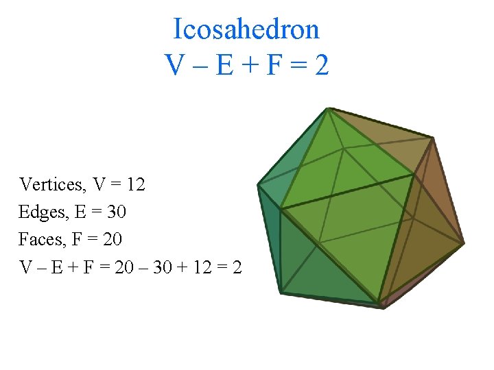 Icosahedron V–E+F=2 Vertices, V = 12 Edges, E = 30 Faces, F = 20