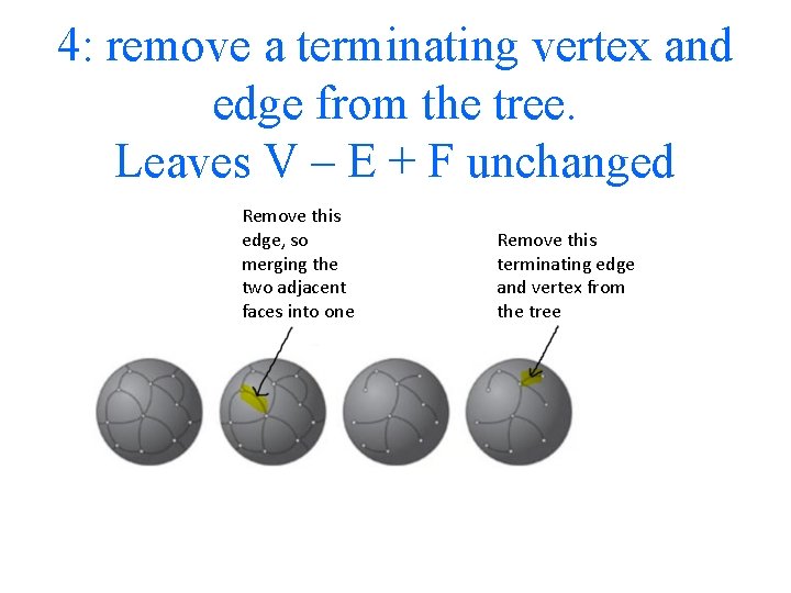 4: remove a terminating vertex and edge from the tree. Leaves V – E
