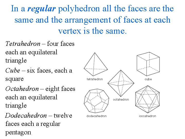 In a regular polyhedron all the faces are the same and the arrangement of